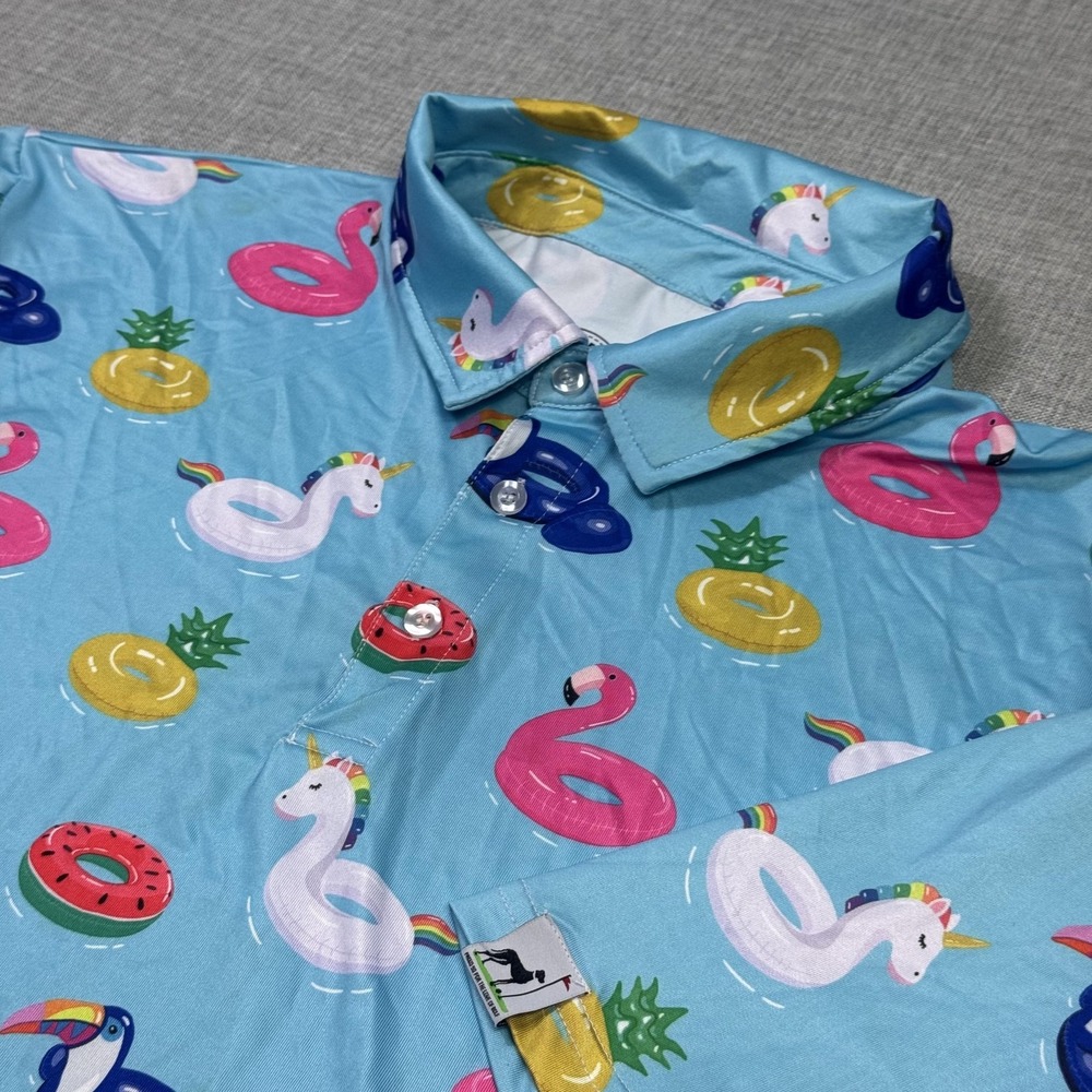 Proud 90 Floaties Print Golf Polo Shirt Mens L Blue Short Sleeve Summer Unicorn